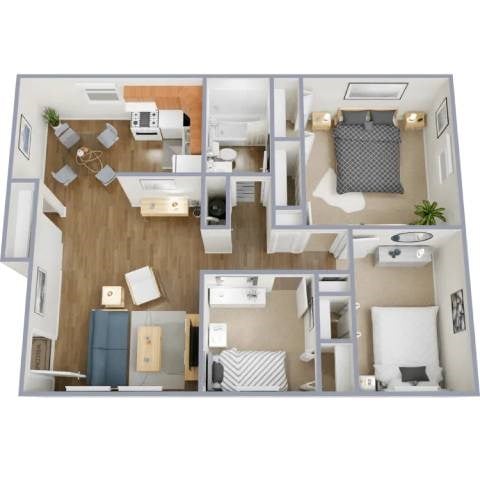 Floor plan for 3 beds, 1 bath, 968 sqft
